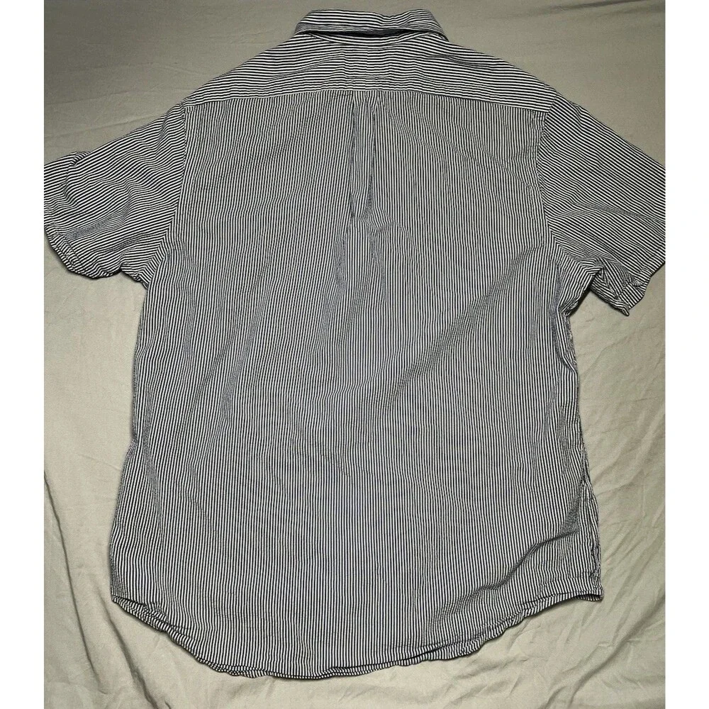 Ralph Lauren Shirt Mens XL‎ Blue White Stripe Seersucker Short Sleeve Pink Pony